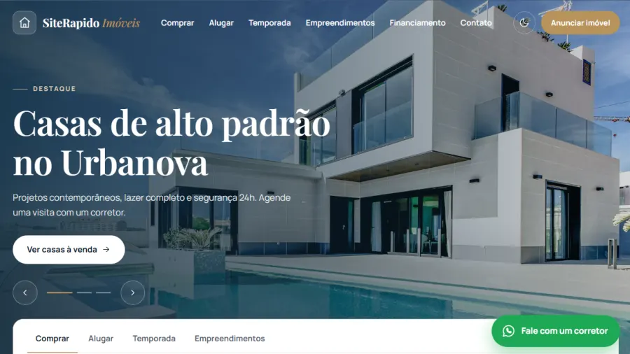 Site de imobiliária com casa de alto padrão e busca de imóveis